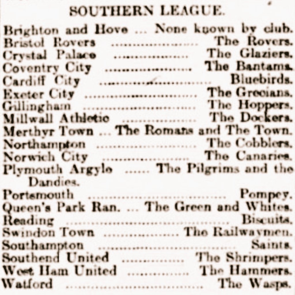 footballmemorys's tweet image. Southern League Nicknames back in 1915/16

#Nicknames #SouthernLeague #Football