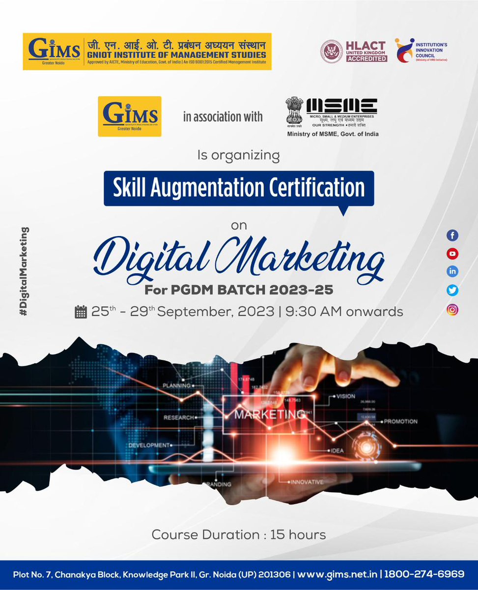 gims_net_in's tweet photo. GIMS, Greater Noida is organizing a Skill Augmentation Certification(SAC), on Digital Marketing in association with MSME from the 25thโ 29th of September, '23 for PGDM batch 2023-25.
#gims #gimspgdm #sac #seo #sem #msme #ideatoexecution #digitalmarketingcertification https://t.co/tN6NZ2VzgC
