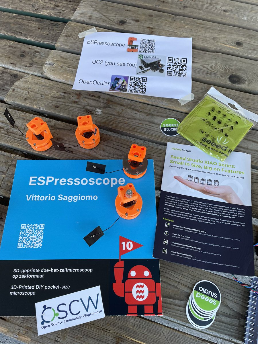V_Saggiomo's tweet image. Ready for the second day of @EHVMMF. 
Once more #ESPressoscope @OpenUc2 and OpenHardware @OSCWageningen 

Thanks to @seeedstudio for sponsoring the presents for the “find a tardigrade” game :) 

Go for @DelftOpenHW open hardware academy if you want to learn OH