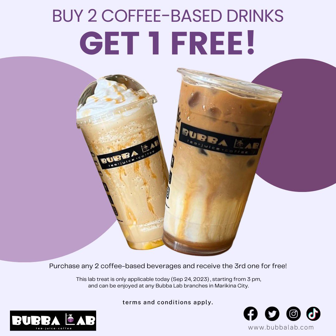 BubbaLab's tweet photo. 🎉 Celebrating our success as one Marikeno’s best coffee shops🏆.As a token of our gratitude, we're thrilled to offer you a fantastic labtreat. Buy 2 coffee-based drinks and receive the 3rd one absolutely FREE! ☕✨ Terms and conditions apply. 🎊 https://t.co/npEY0AG6GY
