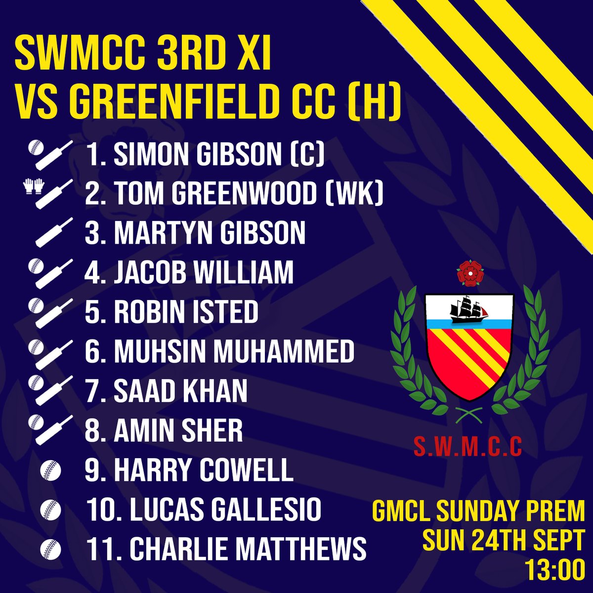 For one last time this season, here's how we line-up today

3rds vs @Greenfield_C_C (H)

#SWMCC #Cricket #ClubCricket #Chorlton #SouthManchester