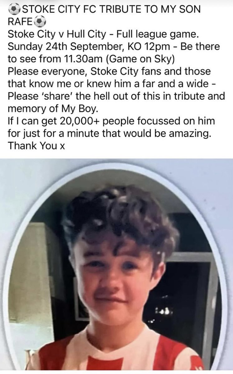PLEASE SHARE: 

There is a 14th minute applause planned today to remember Rafe who recently passed away. 

Today is for Rafe! ❤️

<a href="/stokecity/">Stoke City FC</a> <a href="/HullCity/">Hull City</a>