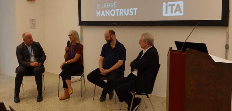 Panel discussion with Thomas Jakl, Barbara Rothen-Rutishauser, Christoph Steinbach, and André Gazsó in Vienna at the 15th Nano-Trust conference on stabilizing nano-relevant platforms such as Swiss NanoAnalytics @SNanoanalytics, DaNa @nano_info and Nanotrust @Technikfolgen @oeaw.