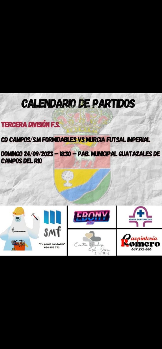 Esta tarde el equipo senior de tercera división juega su primer partido de liga en casa contra el <a href="/ImperialClubDe1/">IMPERIAL MURCIA FUTSAL</a>. Os esperamos a todos para animar a los nuestros. Vamos CAMPEROS💪💪⚽️⚽️ <a href="/muleo1/">muleño</a> <a href="/josebae47170450/">FUTSALMUR</a> <a href="/IvnPrezCalixto1/">Iván Pérez Calixto</a> <a href="/Ayto_Campos/">Ayuntamiento Campos Del Río</a>