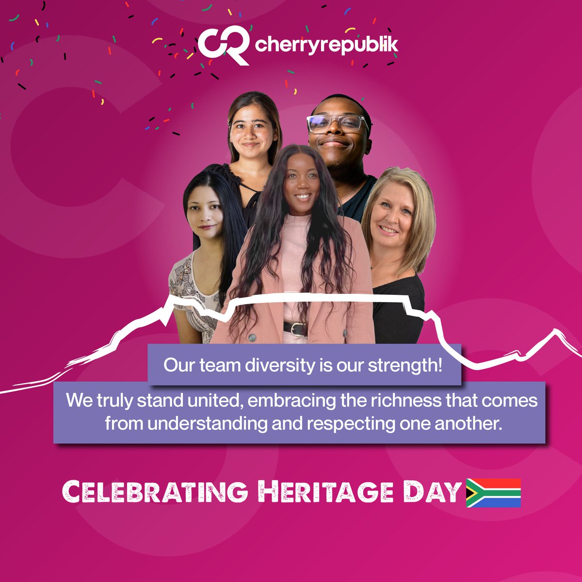 Today, we celebrate the cultures that make our Cherry Squad extraordinary.

From a SA born to immigrant parents, a harmonious blend of Muslim and Hindu traditions, to a beautiful union of SA, German and Netherlands roots - our diversity is our strength.

Happy #HeritageDay 🇿🇦