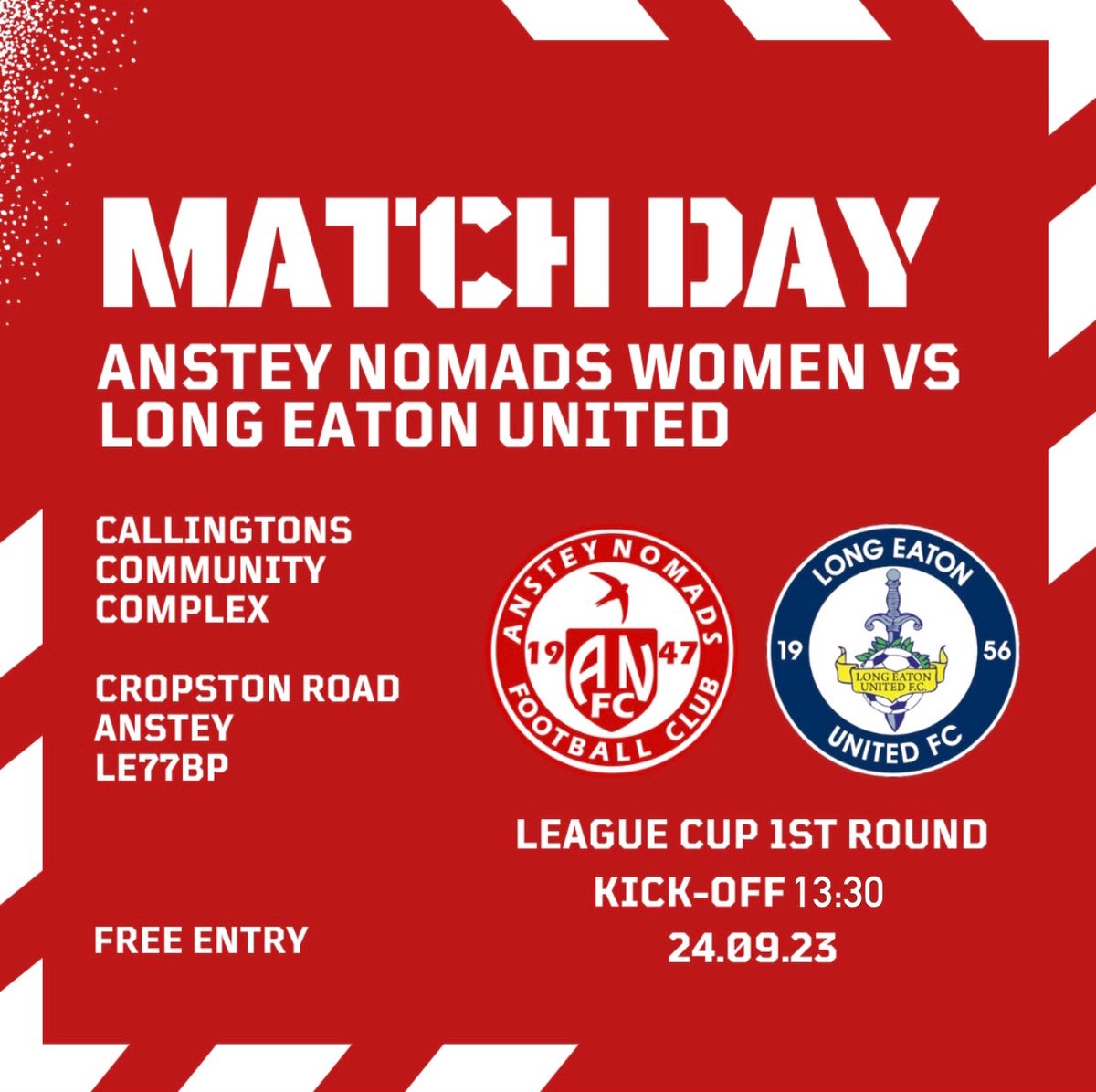 MATCH DAY ⚽️ We return home this afternoon to face Long Eaton United in the first round of the League Cup. 📆 Sunday 24th September ⏰ 1:30pm KO 🆚 @LEUFCLadies 🏆 1st Round League Cup 📍Callingtons Community Complex, Cropston Road, Anstey, LE77BP 🎟️ FREE ENTRY #UPTHENOMADS