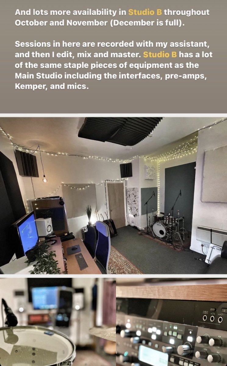 Main Studio and Studio B availability for the rest of the year. DM me if you want to make some music! 🔊 tinyurl.com/MMAlisten2