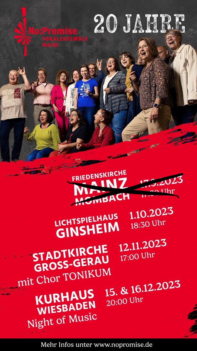 Zur Erinnerung: unser erstes Jubiläumskonzert ist bereits gesungen, das nächste und letzte - reine No:Promise - Konzert findet am kommenden Sonntag statt! Nutzt den Vorverkauf unter lichtspielhaus-ginsheim.de/shop/
#nopromise #konzert #chor #ginsheim