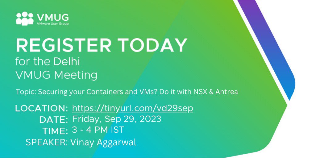 DELHI VMUG Webinar Alert!
🗓 Date: 29th September 2023  
⏰ Time: 3 PM - 4 PM IST

🖥 Title: Securing your Containers and VMs? Do it with NSX &amp; Antrea

👤 Speaker: Vinay Aggarwal, Sr Consultant at VMWare

📝 Register Now: zoom.us/webinar/regist…

<a href="/MyVMUG/">VMware User Group</a> <a href="/imPranayk/">Dr. Pranay Jha</a> <a href="/raminder01/">Ram</a>