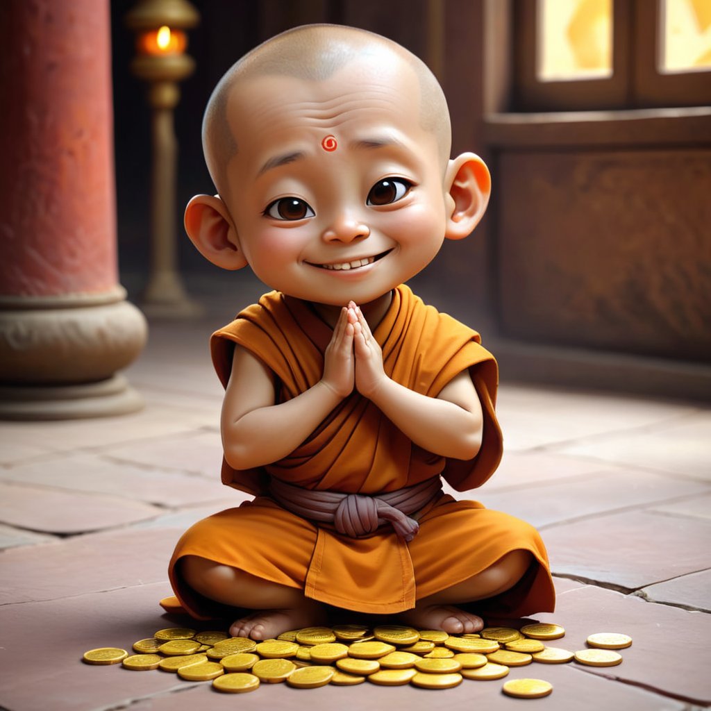 aiBildAgentur's tweet photo. 🧡✨ Meet the adorable #LittleMonk, always wearing a smile! Surrounded by gold coins and ingots, this cartoon character embodies warmth and positivity. Let's use the power of words to weave an emotional melody, transcending time to share our inner warmth and longing. 🎨 https://t.co/EujH4y9FKI