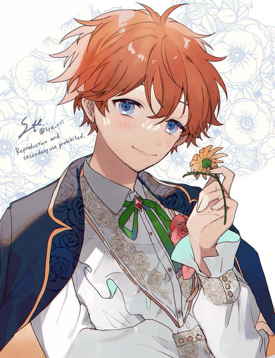 1boy blue eyes male focus flower smile looking at viewer solo  illustration images