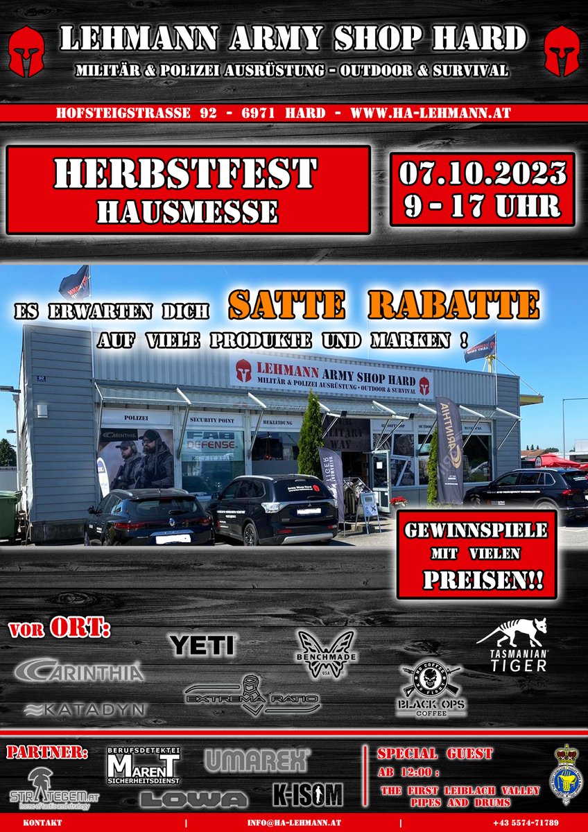 Hausmesse: LEHMANN #ARMY #SHOP HARD 07.10.23 von 09:00 bis 17:00 Uhr. Ein Besuch vor Ort lohnt sich. HA-LEHMANN.at