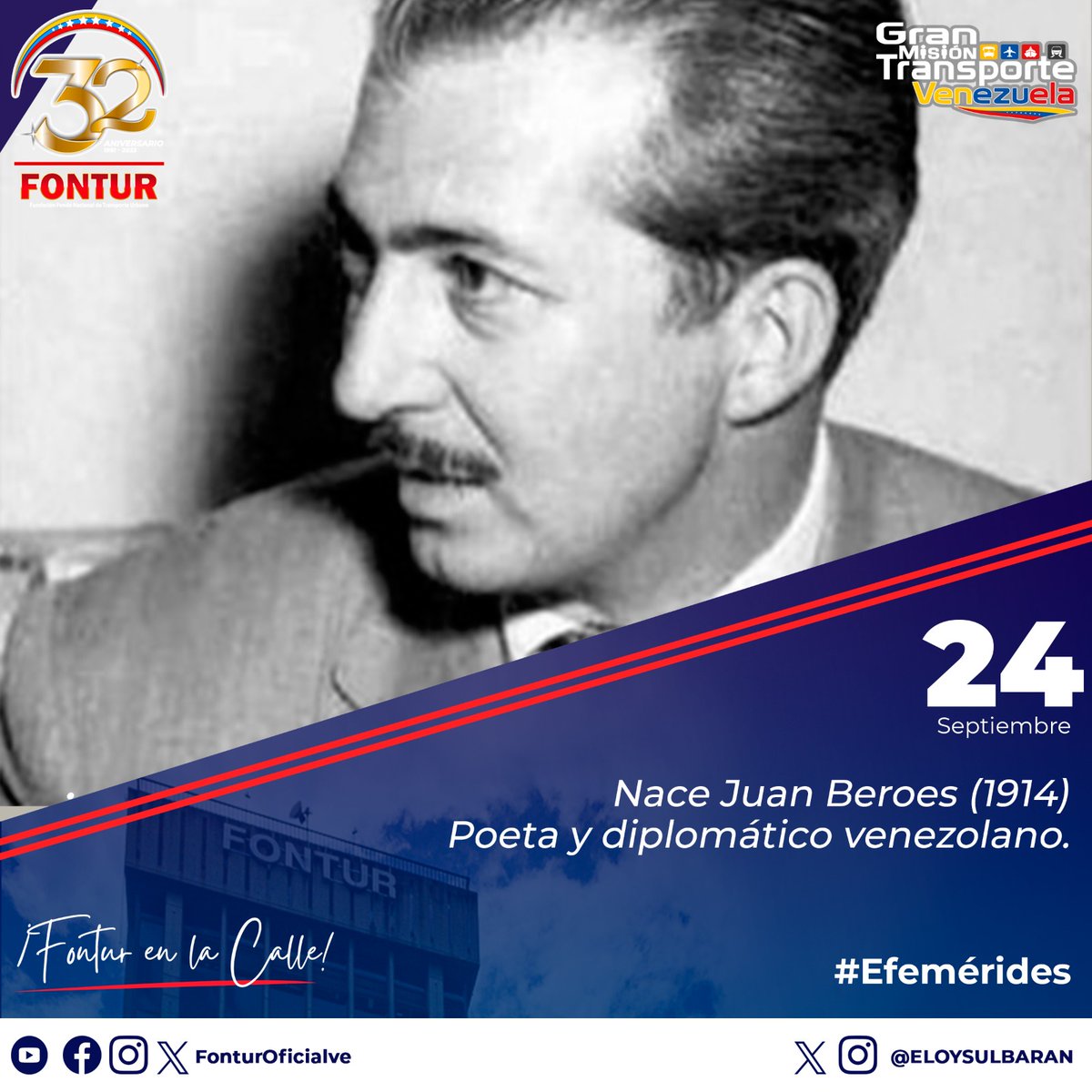 #24Sep de 1914 nace Juan Beroes, poeta, escritor, periodista y diplomático, destacado como delegado cultural de la Embajada de Venezuela en Colombia, Ecuador e Italia.

#GarantíaDePaz
<a href="/NicolasMaduro/">Nicolás Maduro</a>