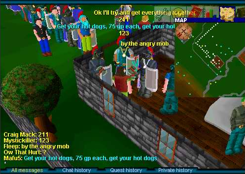 Players waiting in line to start a conversation with Oziach when the Dragon Slayer quest was released in September of 2001.