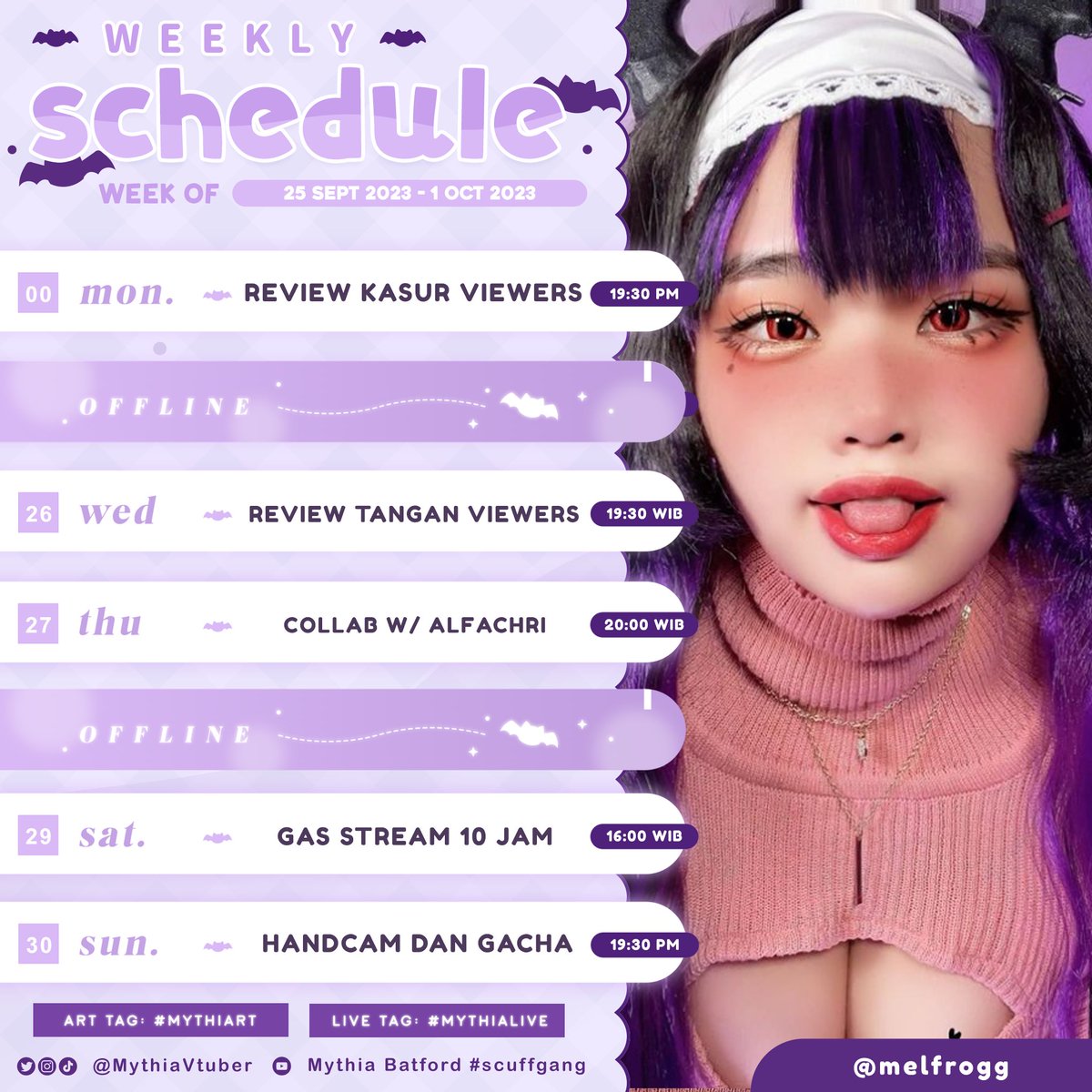 MythiaVTuber's tweet photo. ✧ ┆꒰~  WEEKLY SCHEDULE &amp; TAGS.  -•  
￼ 25/09 - 01/10

❥ https://t.co/n6zUQcFRip

❏ General: #MythiaBatford
❏ Fan Name: #Simpthia
❏ LIVE: #MythiAlive
❏ Clip: #Mythia_Clip
❏ Fanart &amp; COSPLAY: #MythiArt
❏ Meme: #Buttford

                                — ￼. https://t.co/qQCChreoY4