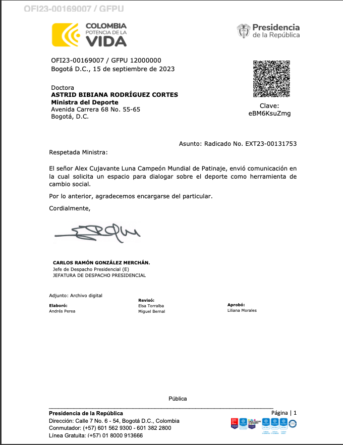 alcujavante's tweet photo. Con el propósito de buscar los espacios adecuados para discutir y proponer soluciones directas a las diversas iniciativas y problemáticas que afectan al patinaje colombiano en la actualidad, nos dirigimos al despacho presidencial @infopresidencia . En este contexto, se nos brindó la oportunidad de sostener una reunión directa con usted, Ministra @AstridBibianaR , en calidad de máxima autoridad en el ámbito del deporte colombiano @MinDeporteCol . Toda la comunidad deportiva del patinaje aguarda con entusiasmos que esta reunión se concrete de manera presencial en su despacho. Esperamos poder contar con esta oportunidad para avanzar en esta cuestión crucial y continuar construyendo un deporte que sea auténticamente una herramienta de transformación social.