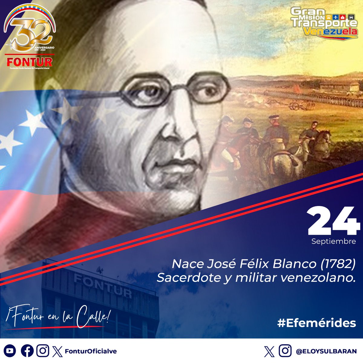 #24Sep | Año 1782, nace José Félix Blanco, insigne soldado de Cristo y la Patria. Fue Sacerdote y Militar, su lucha revolucionaria estuvo presente en los combates de Aribanache, Sabaneta, campaña de Valencia y el combate de Los Colorados de San Carlos.

#GarantíaDePaz