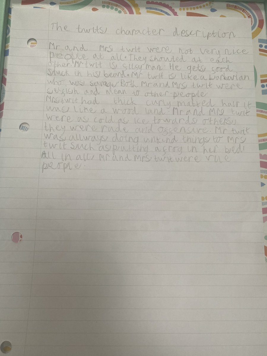 kerriwh01776730's tweet photo. @ourladyoflourd1 K completed homework task 2 writing a character description of The Twits. We talked about what an adjective and simile is in order for her to write her description. #OLOLWriting https://t.co/JeQs7MPNXn