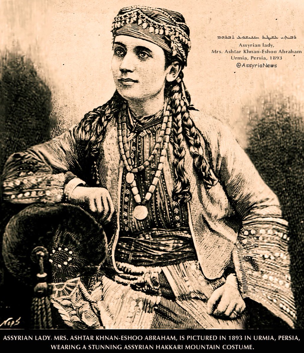 TodayAssyria's tweet image. Assyrian lady، Mrs. Ashtar Khnan-Eshoo Abraham, is pictured in 1893 in Urmia, Persia,  wearing a stunning Assyrian Hakkari mountain costume. 

#assyrianwoman #Assyrianlady #woman #khnaneshoo #hakkari #urmia #assyrian  #assyria #assyrianews