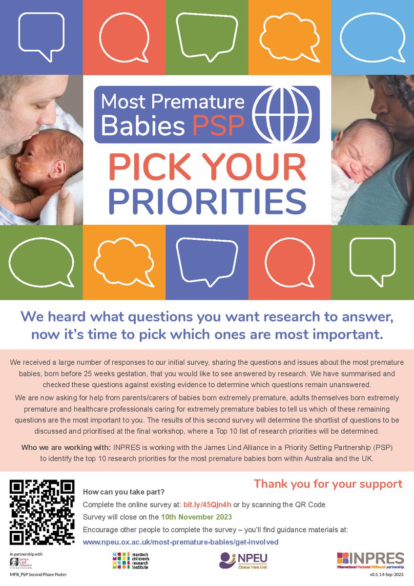 IrishNeonatal's tweet photo. The Most Premature Babies Priority Setting Partnership Survey 2 is now open. Help us to guide future research for babies born before week 25 of life. #betterresearch #improvingoutcomes #prematurebaby https://t.co/RLXI51T1hp https://t.co/qoJq7rTHK9