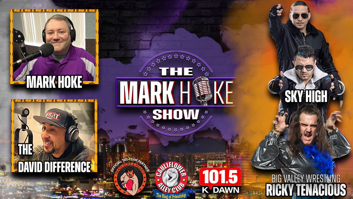 Are you ready to fly? Join us today on The Mark Hoke Show as we welcome Sky High - @Robbie2Lit & @mond0rox plus @sawwwwwngbird of @BVWrestlingLV! Join Mark and David on @KDWNLasVegas, the @Audacy app and livestreamed on YouTube, X and Facebook 8-10 AM PT! #WWE #AEW