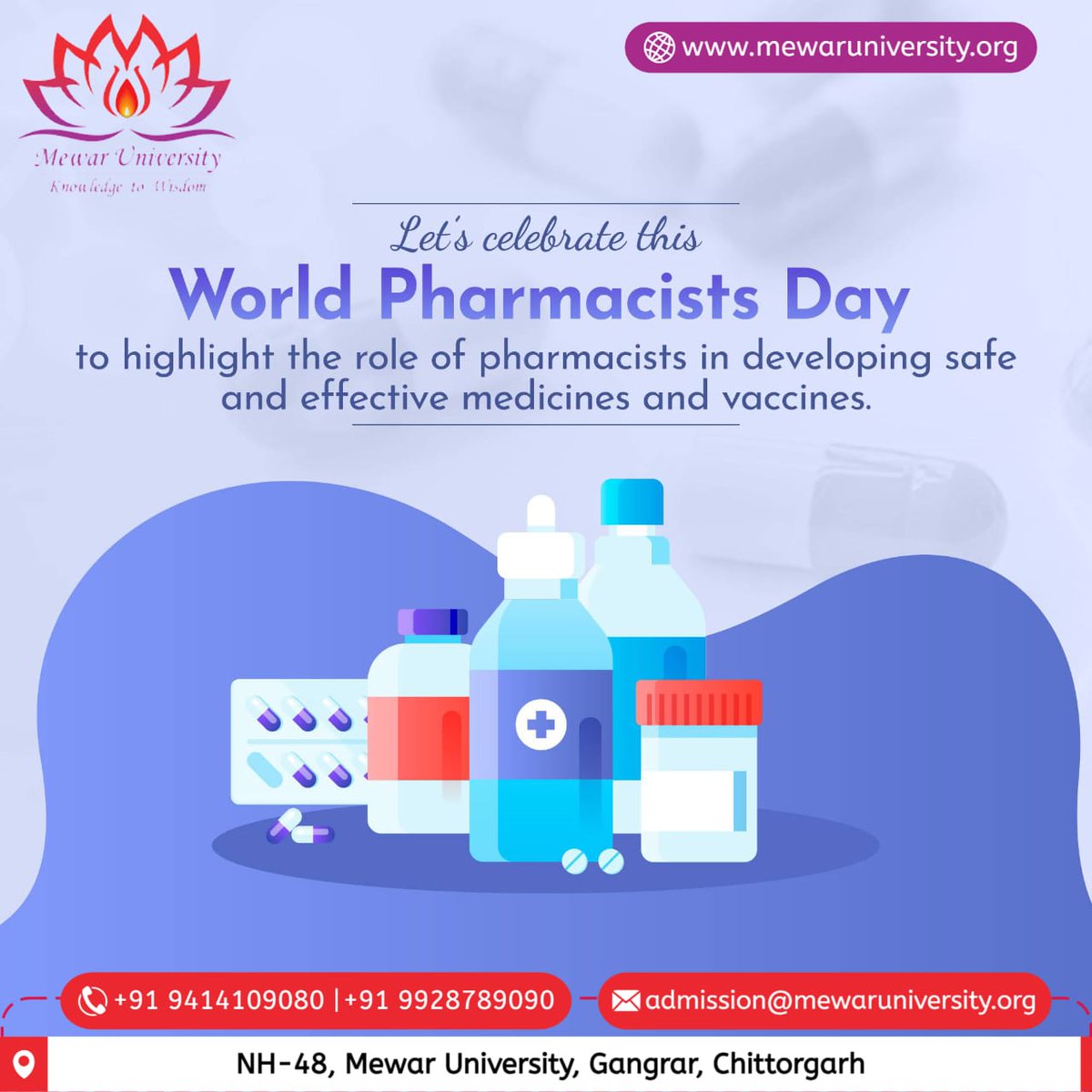 universitymewar's tweet photo. This #WorldPharmacistsDay, let’s pay our pharmacists their due wishes and salute them for helping patients. #MewarUniversity wishes a very happy World Pharmacists Day to all of you!
#Pharmacist #Medicine #Health #HealthCare #Cuet #Pharmacists #TopUniversityInRajasthan #Admisions https://t.co/ftSmWbOpBZ