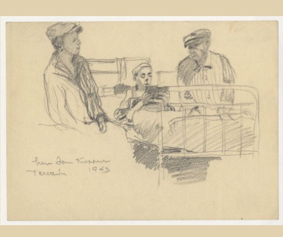 Norbert Troller's 1943 #YomKippur sketch captures moments from the Terezin hospital during the Jewish high holidays. 
Troller, deported to Theresienstadt, found solace in art amidst adversity. After #Auschwitz, he rebuilt in the US. Today, as we reflect, we honor his legacy.