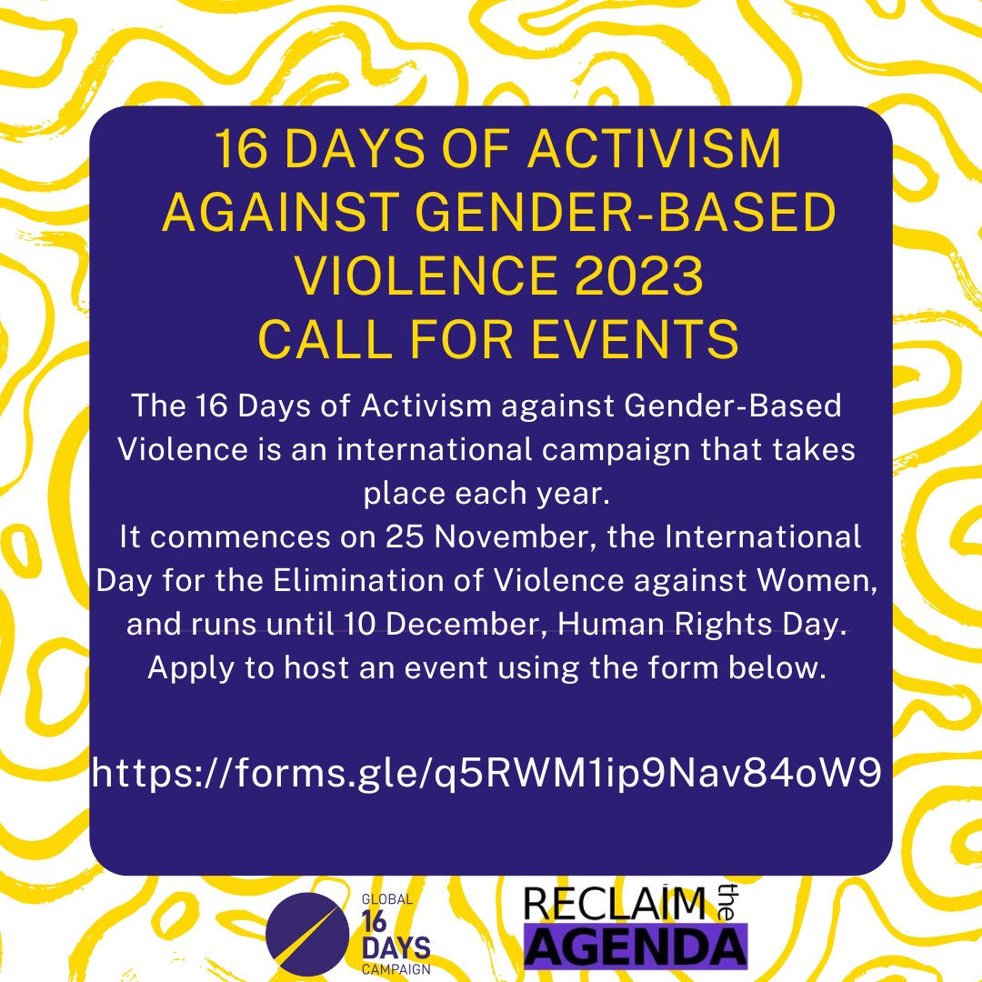 CALL FOR EVENTS
The 16 Days of Activism against Gender-Based Violence is an international campaign that takes place each year from 25 November, until 10 December.
Apply to host an event using the form below. #16DaysNI #16Days

buff.ly/3t1IRNB