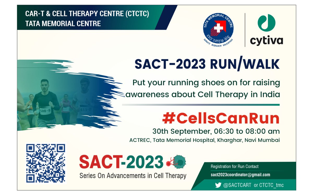 Join us for the First #CellTherapy RUN in India. #CellsCanRun SACT-RUN/WALK -@CTCTC_tmc @ACTREC_TMC @TataMemorial @ImpacctF Put your running shoes on to create more awareness about #CellRx #CART in India. @DrGauravNarula @wgwhite @purwarrahul2 @Satyayadav__ @Prasshmehta