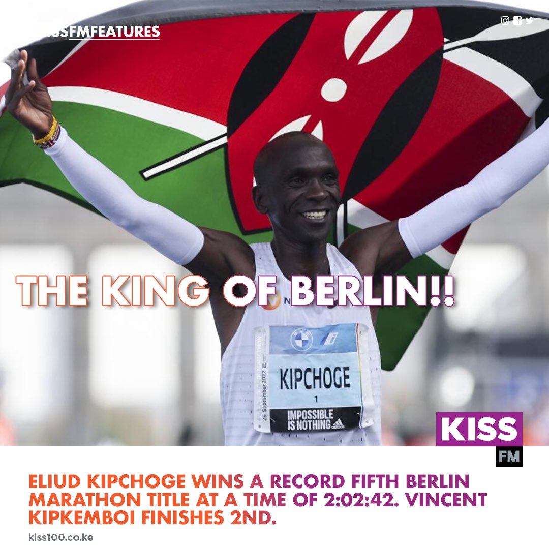 Kiss100kenya's tweet photo. The King of Berlin!! World Record holder Eliud Kipchoge wins his fifth Berlin Marathon with 2:02:42. #BerlinMarathon2023 https://t.co/VjL23KJM2z