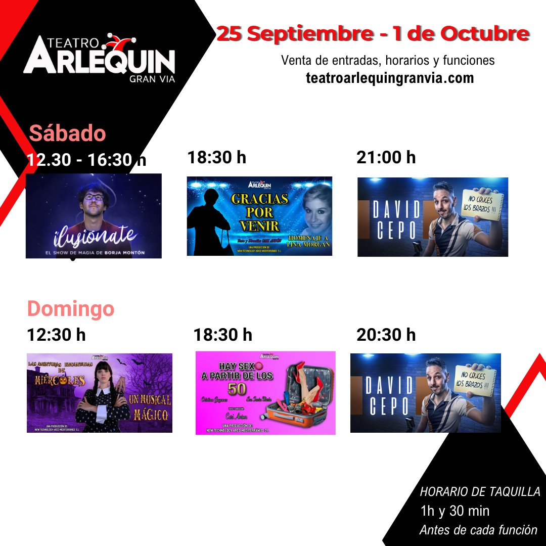 Esta semana traemos grandes estrenos!

Consulta nuestros espectáculos  en el teatroarlequin.com

#programacion #ociomadrid #planespomadrid  #comedy #espectáculos #madrid #arlequingranvia
