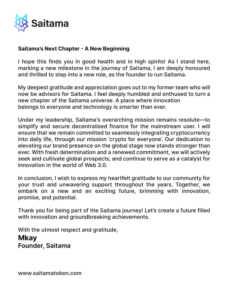 The Next Chapter is in the Books of Saitama

#Saitama #SaitaRealty #SaitaCard #SaitaPro #XBridge #SaitaLogistics #SaitaChain #Crypto #DeFi #business #web3