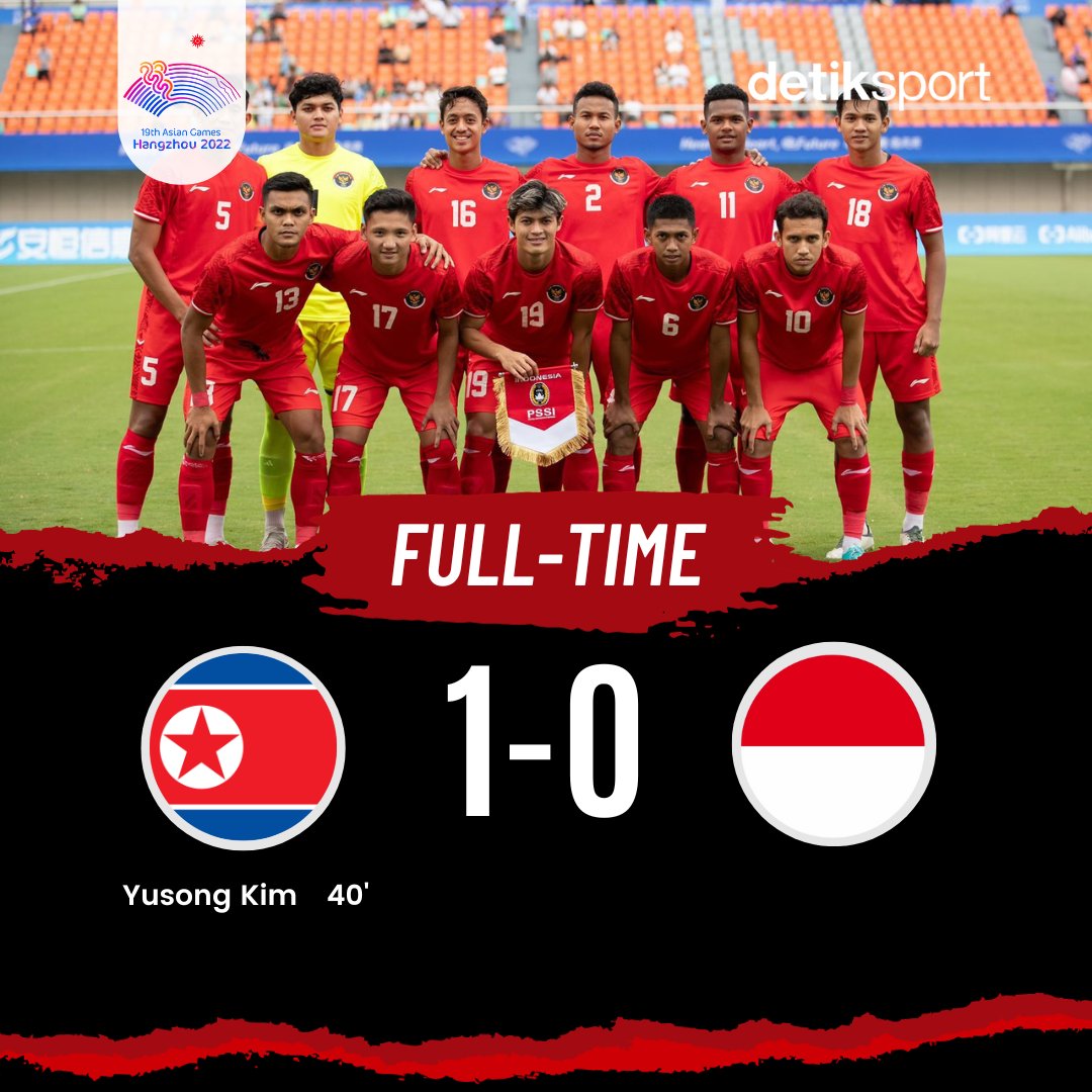 detiksport's tweet image. Timnas Indonesia menelan kekalahan dari Korea Utara dalam lanjutan Grup F Asian Games 2023. Garuda Muda takluk dengan skor 0-1.⁣
⁣
Di Zhejiang Normal University East Stadium, Minggu (24/9/2023), Indonesia kebobolan pada menit ke-39. Yusong Kim yang menjadi penentu kemenangan…