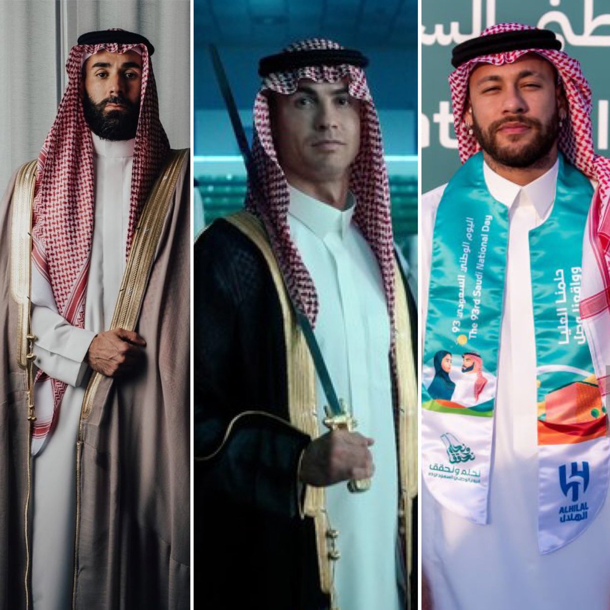 SiamakGhassemi's tweet image. عربستان اگر همین امروز همکاریش را با ستارگان فوتبال جهان پایان دهد، به هدف خود رسیده است.

در روز ملی عربستان، سه اسطوره جهان فوتبال، رونالدو، کریم بنزما و نیمار، لباس ملی عربستان پوشیدند و به احترامش مراسم ملی آنها را به جا آوردند. چه تبلیغ و برندینگی از این بزرگتر و پر نفوذ‌تر؟…