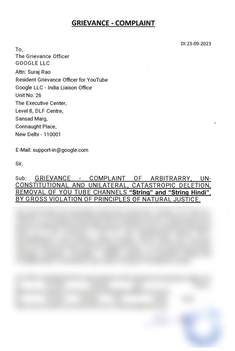 INDIA A SOVEREIGN STATE, CONSTITUTION OF INDIA SACROSANT – SUPREMACY OF COURTS
Google cannot crush down Fundamental Rights unilaterally, Un-Constitutionally. 

Complaint filed by String before Grievance Officer, Google LLC (YouTube) by taking into loop the PMO, concerned depts.