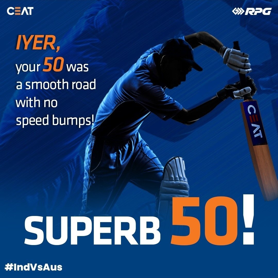 CEATtyres's tweet photo. Smooth sailing to the fifty mark, Shreyas Iyer! Here's to your fantastic half century - keep steering the innings!
#ODI #TeamIndia #India #ShreyasIyer #HalfCentury #ODI2023 #IndVsAus #Cricket #CEATBat #ThisIsRPG https://t.co/J8KaEkv7zJ