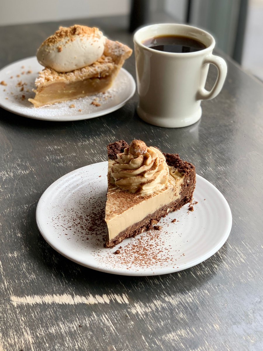 Two pies for you today: Salted Caramel Apple Crumble Pie 🍏 and Coffee Custard Pie ☕️🍫🌰. Pair it with Santa Isabel a delicious washed coffee from Colombian and you’re all set!  Available from a slightly earlier time 12pm until sold out!💥 #pieanddrip