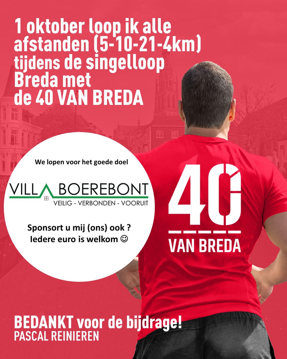 As zondag is het zover <a href="/SingelloopBreda/">Singelloop Breda</a> . Dan loop ik samen met <a href="/loopmaatjes/">Loopmaatjes</a> van <a href="/40vanBreda/">40 van BREDA</a> alle afstanden voor het goede doel <a href="/VillaBoerebont/">st. Villa Boerebont</a>  Doneren kan via: 40vanbreda.kentaa.com/fundraisers/pa…
