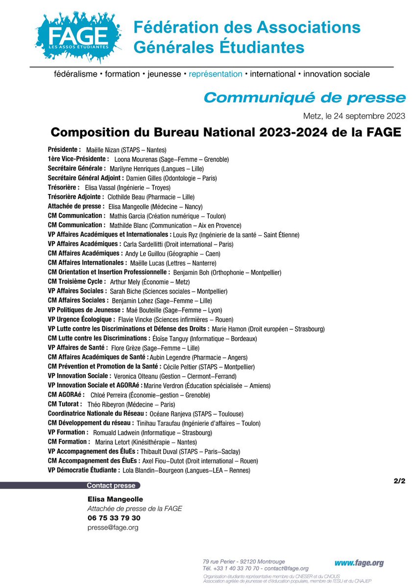 #CDP | Hier, l'Assemblée Générale de la FAGE a élu le nouveau Bureau National durant le #CongresFAGE23 🗳️

Le Bureau, présidé par <a href="/Maelle_FAGE/">Maëlle Nizan</a>, porte au coeur de son projet l'émancipation de la #jeunesse 🗣️

Le réseau restera notre plus grande force au cours du mandat 🤝