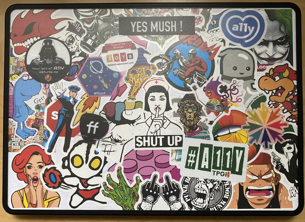 Laptop stickerbomb updated with #SotB2023 stickers (@webstandards  in good company with @ffconf there)
