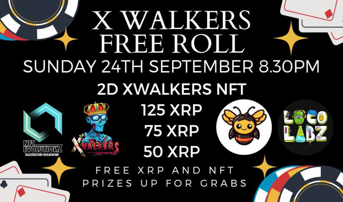 POKER NIGHT♦️♣️ 

Brought to you by <a href="/xrpwalkers/">X Walkers</a> <a href="/Hive_DAO/">HiveDAO</a> <a href="/NftEvolutionz/">NFT Evolutionz</a> <a href="/LocoLabz/">LocoLabz</a> 

Free to enter, free for all!!!! Amazing prizes to be
won, so bring a friend 
More details here - discord.gg/nftevolutionz