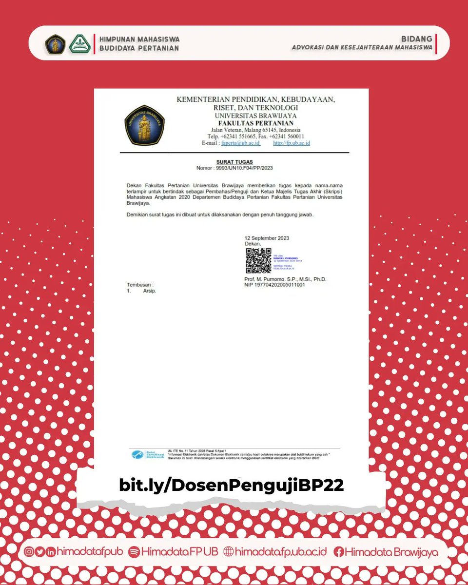 himadatafpub's tweet photo. [A-News: DOSEN PEMBAHAS, PENGUJI DAN KETUA MAJELIS TUGAS AKHIR (SKRIPSI) MAHASISWA ANGKATAN 2020 DEPARTEMEN BUDIDAYA PERTANIAN  FAKULTAS PERTANIAN UNIVERSITAS BRAWIJAYA]

Hallo Bravoholic!!🙌🏻

A-News kali ini akan memberikan info penting nih terkait dosen penguji, dosen pembahas https://t.co/PGhAeIPuOU