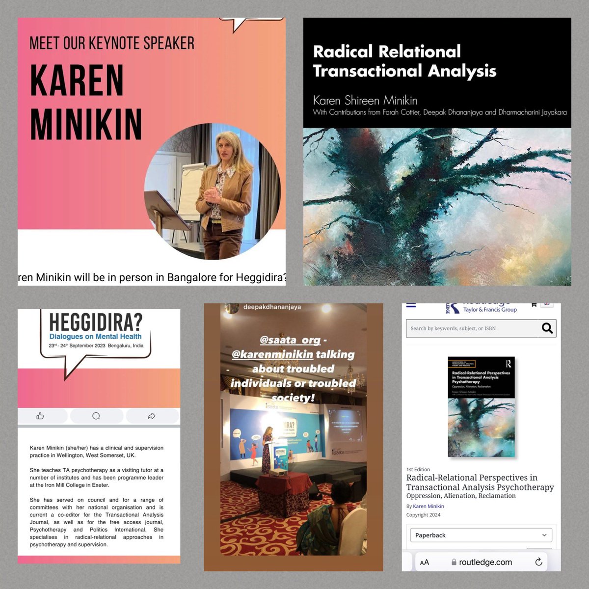 TAEast1's tweet image. Karen Shireen Minikin is currently in Bengaluru India at the @saata_org conference - "Heggidira? - Dialogues on Mental Health"as the keynote speaker. This is synchronised beautifully with the launch of Karen's timely book. @karen_minikin @itaaworld @deepdhan @UKATAofficial