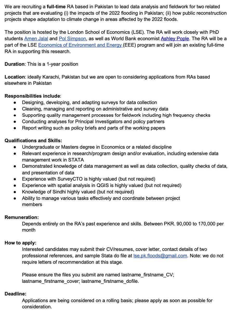 Looking for a Pakistan-based RA to work with me, @polsimpson & @ashley_pople on research evaluating the impacts of the 2022 floods, and post-flood reconstruction projects. details in the attached ad and link below. applications considered on rolling basis dropbox.com/scl/fi/osjvbis…