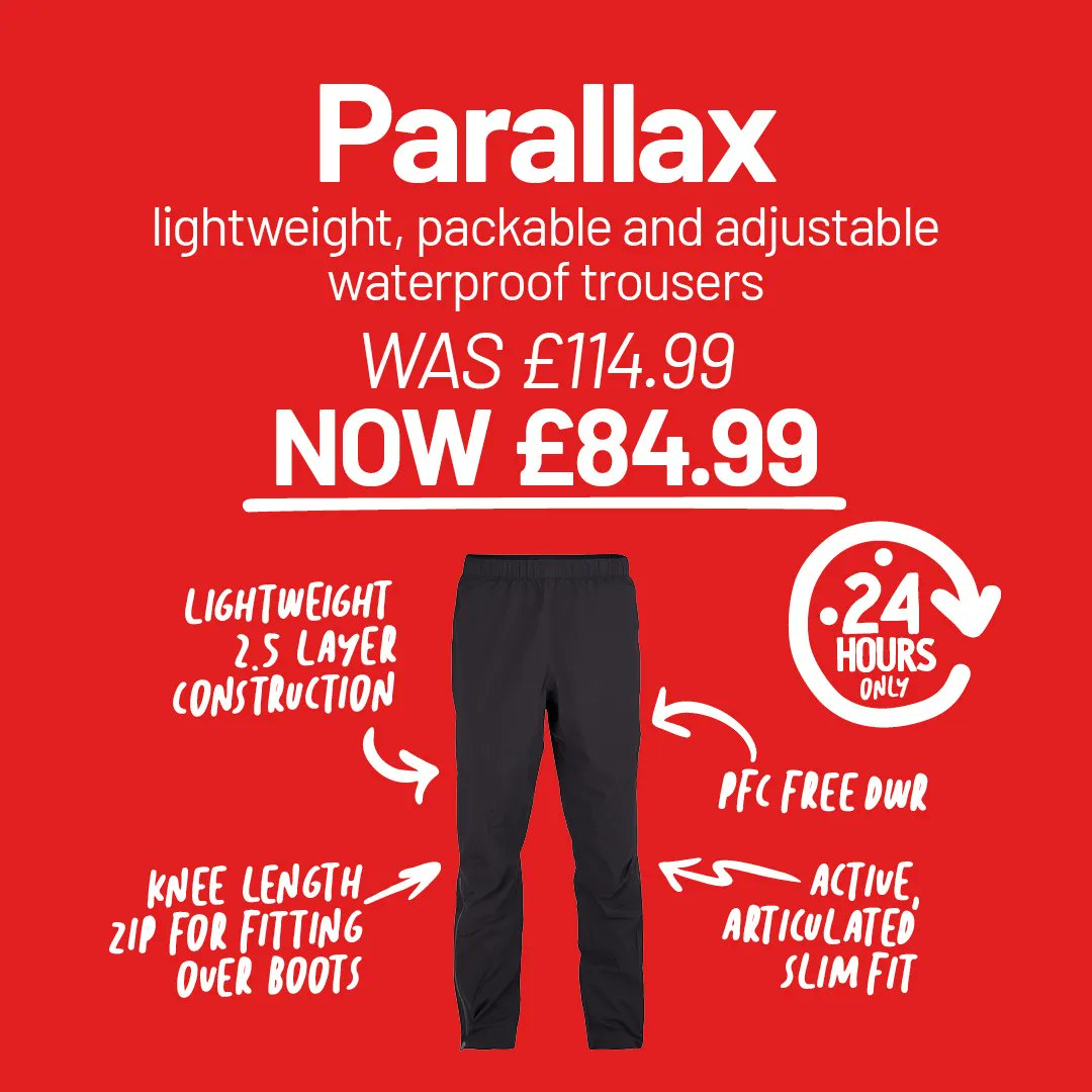 TODAY only. 25% off the Parallax waterproof trousers for 24 hours. You don't have to be like Natasha Bedingfield and feel the rain on your skin. Keep the weather at bay in head to toe waterproofs instead. On sale online and in-store. #Alpkit #GoNicePlacesDoGoodThings
