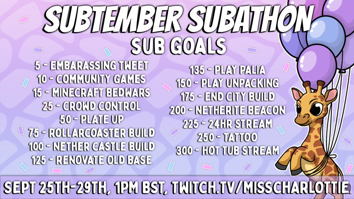 MissCharlottiee's tweet image. Who's ready for our Subtember Subathon!? 💜✨
Look forward to lots of chaos, exciting goals &amp;amp; up to 30 hours of streaming over the week!
twitch.tv/misscharlottie
#Minecraft #MinecraftStream #Subathon #Subtember