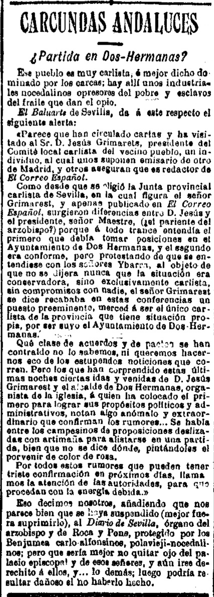 Una de carlistas en Dos Hermanas. Publicado por el Diario el  Pais el 6 de Noviembre de 1900