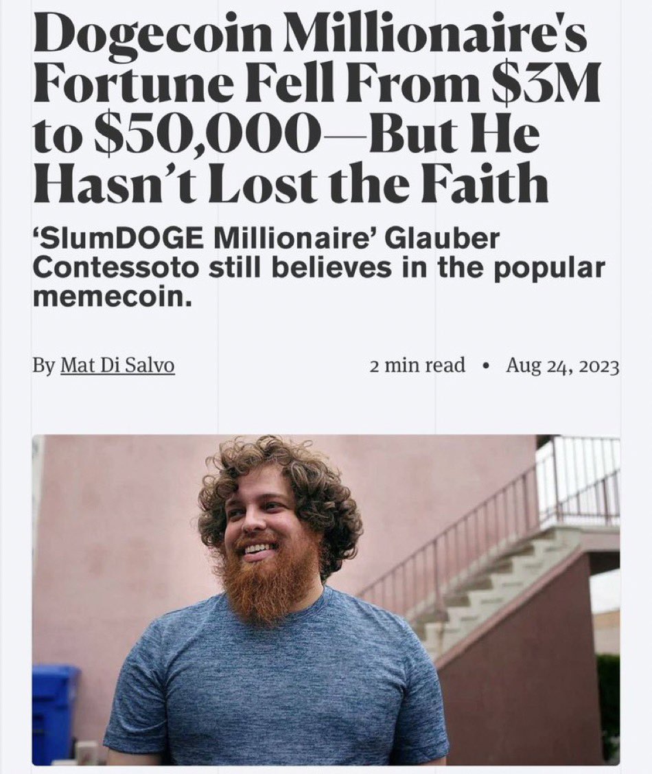 This is tragic. 

Uses savings and credit cards to scrape together $250k and ploughs it into a sh*tcoin. 

Once had a liquid value of $3m and now worth $50k because he refused to say “I got lucky” and take profit. 

Apparently pinning hopes on Doge becoming the currency of X.