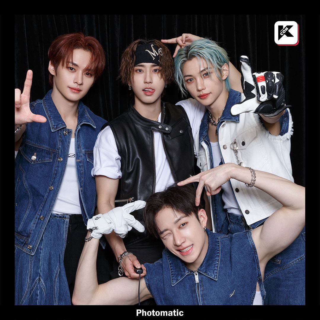 Caught in the enchanting allure of KCON LA's special photo booth, where Bangchan hyung, Lee Know hyung, Felix, and I gathered against a backdrop as dark as midnight. Our moment captured in time, a memory to be cherished for eternity.