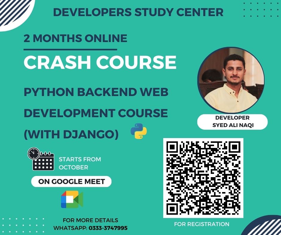 alinaqi08's tweet image. 🚀 Exciting News! Join our 2-month Python Backend Web Development Course with Django starting October 2023. Dive into the world of web development and boost your coding skills. Enroll today 🐍💻 #PythonDevelopment #DjangoCourse #WebDev #CodingSkills #TechEd